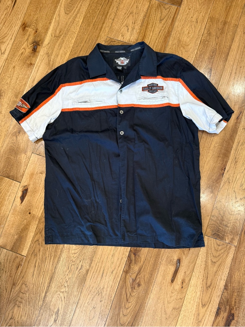 Harley-Davidson Navy White Orange Short Sleeve Button-Front Work Shirt